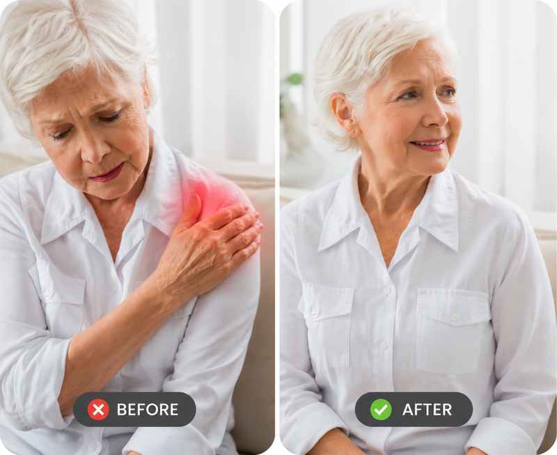 Senior woman experiencing shoulder stiffness before and after care