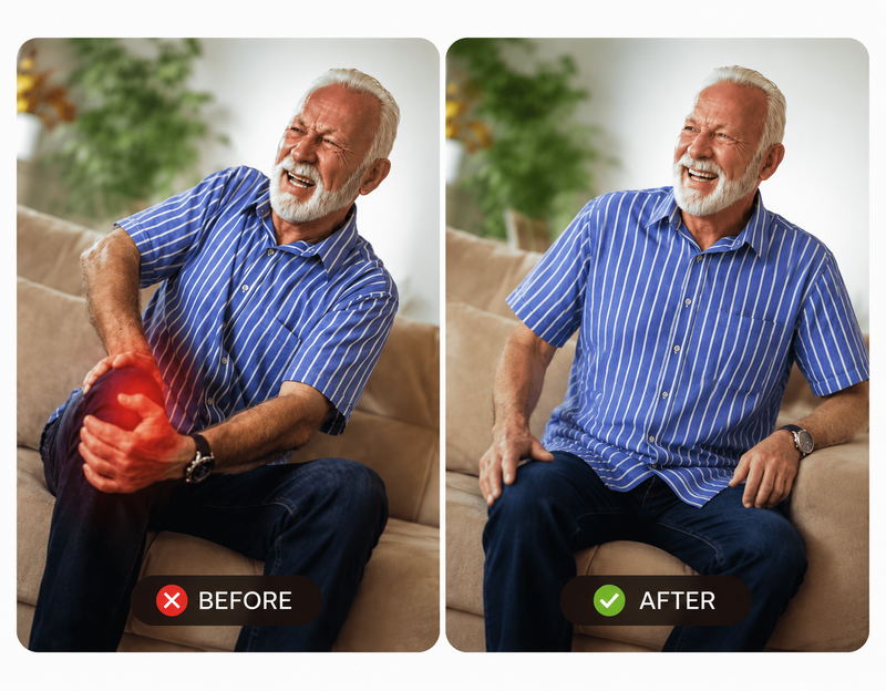 Senior experiencing knee discomfort before and after care
